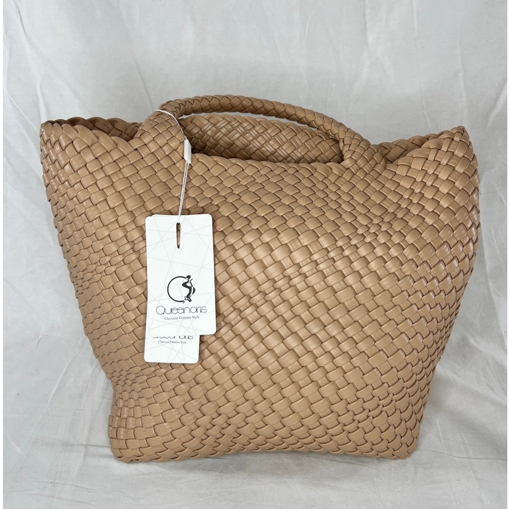leather woven tote bag tan basket weave shoulder handbag‎ queenoris NWT